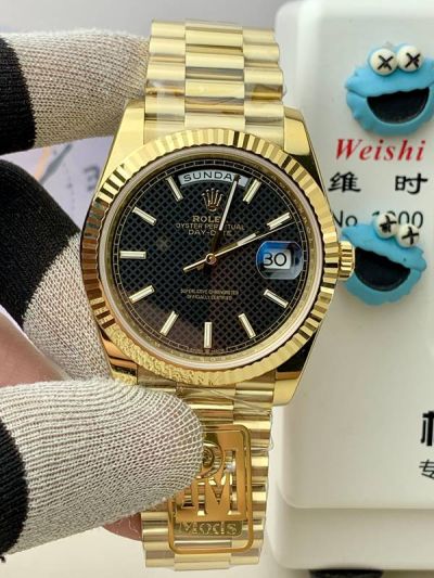 DD 2836/3255 Movement Gold with Black Waffle Dial President Band Fluted Bezel Rolex Watch